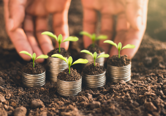 Dłonie nad stosami monet, z których wyrastają zielone sadzonki, symbolizujące inwestycje w ochronę środowiska i korzyści finansowe z opłat środowiskowych.