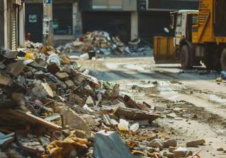 Stos gruzu, cegieł i innych zmieszanych odpadów budowlanych, wymagających segregacji zgodnie z nowymi przepisami od 2025 roku.