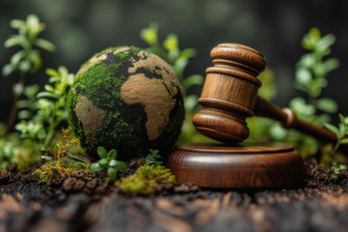 Młotek sędziowski obok globu porośniętego mchem – symbol odpowiedzialności prawnej za środowisko.