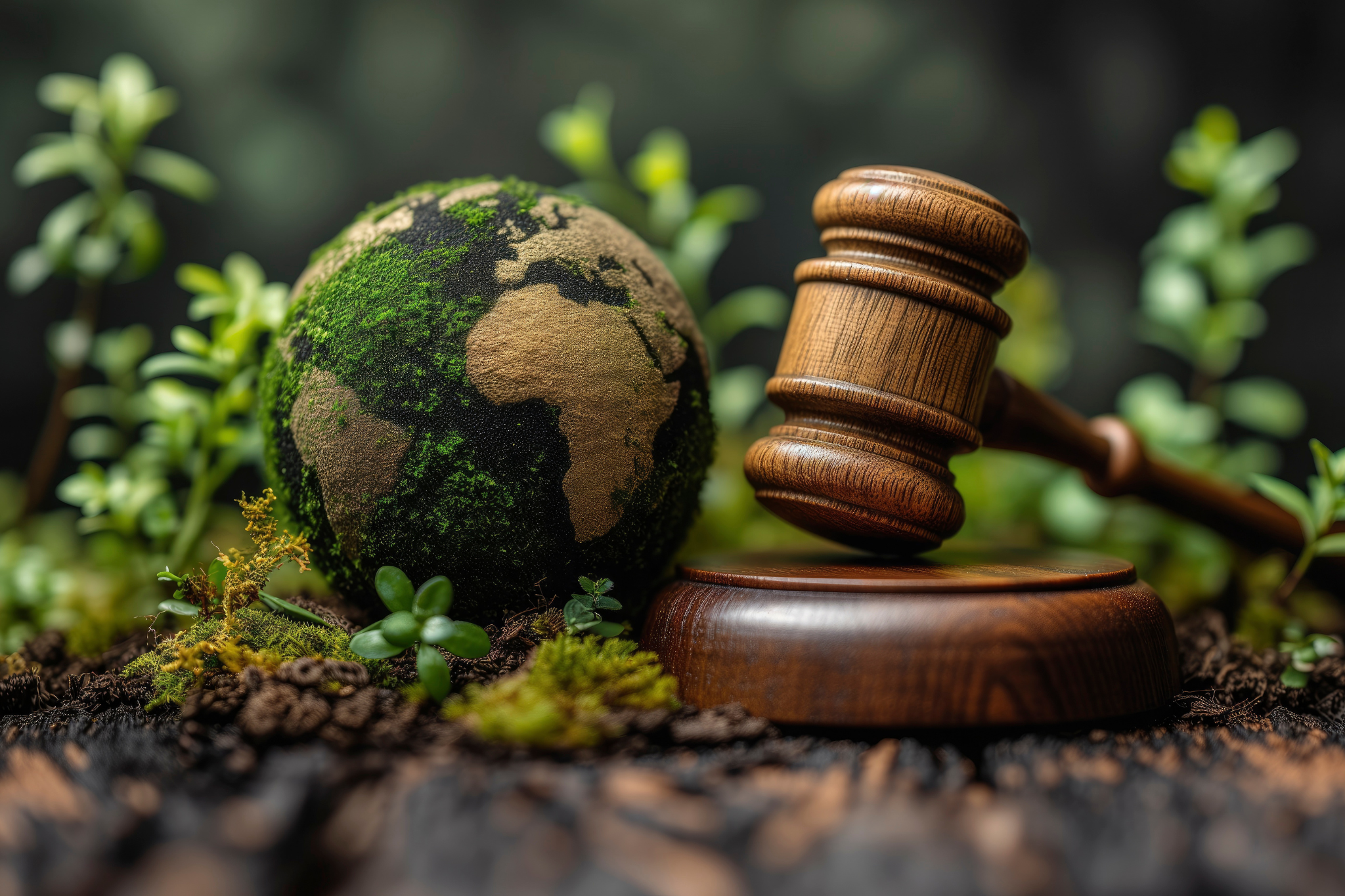 Młotek sędziowski obok globu porośniętego mchem – symbol odpowiedzialności prawnej za środowisko.