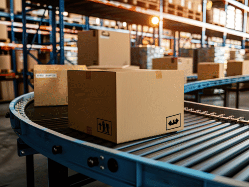 Kartony na taśmie w magazynie – opakowania objęte obowiązkiem opłaty produktowej.