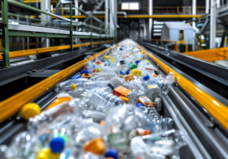 Plastikowe butelki i opakowania na taśmie sortującej w zakładzie recyklingu – system kaucyjny w praktyce.