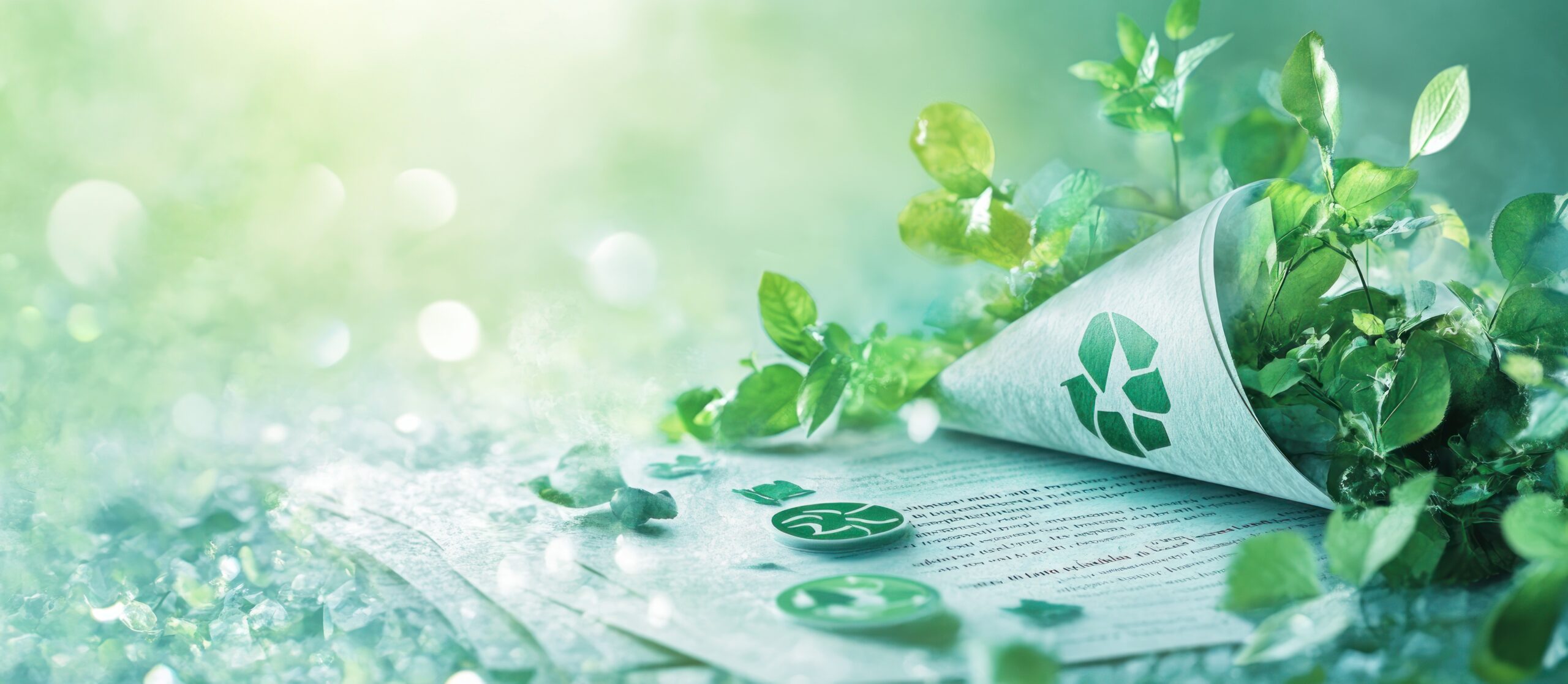 Zielone rośliny wyrastające z dokumentów z symbolem recyklingu, symbolizujące zrównoważony rozwój i ekologiczne regulacje.