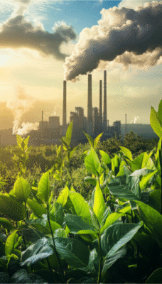 Świeże zielone liście na pierwszym planie z rozmyciem w tle, ukazującym fabrykę z kominami, symbolizującą wyzwania przemysłu dla środowiska naturalnego.