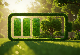 ielona bateria uformowana z liści i krzewów na tle słonecznego lasu. Symbolizuje ekologiczne rozwiązania i energię odnawialną w kontekście nowego prawa o bateriach.