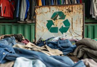 Zużyte ubrania i znak recyklingu – nowe przepisy UE dla branży mody. Grafika promująca artykuł EKOKONSULT o zrównoważonym rozwoju w przemyśle tekstylnym.