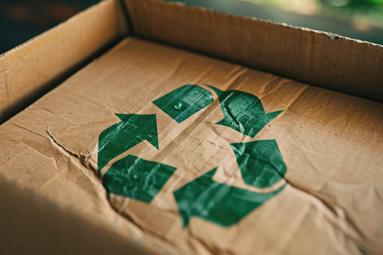 Zbliżenie na symbol recyklingu na kartonowym pudełku.
