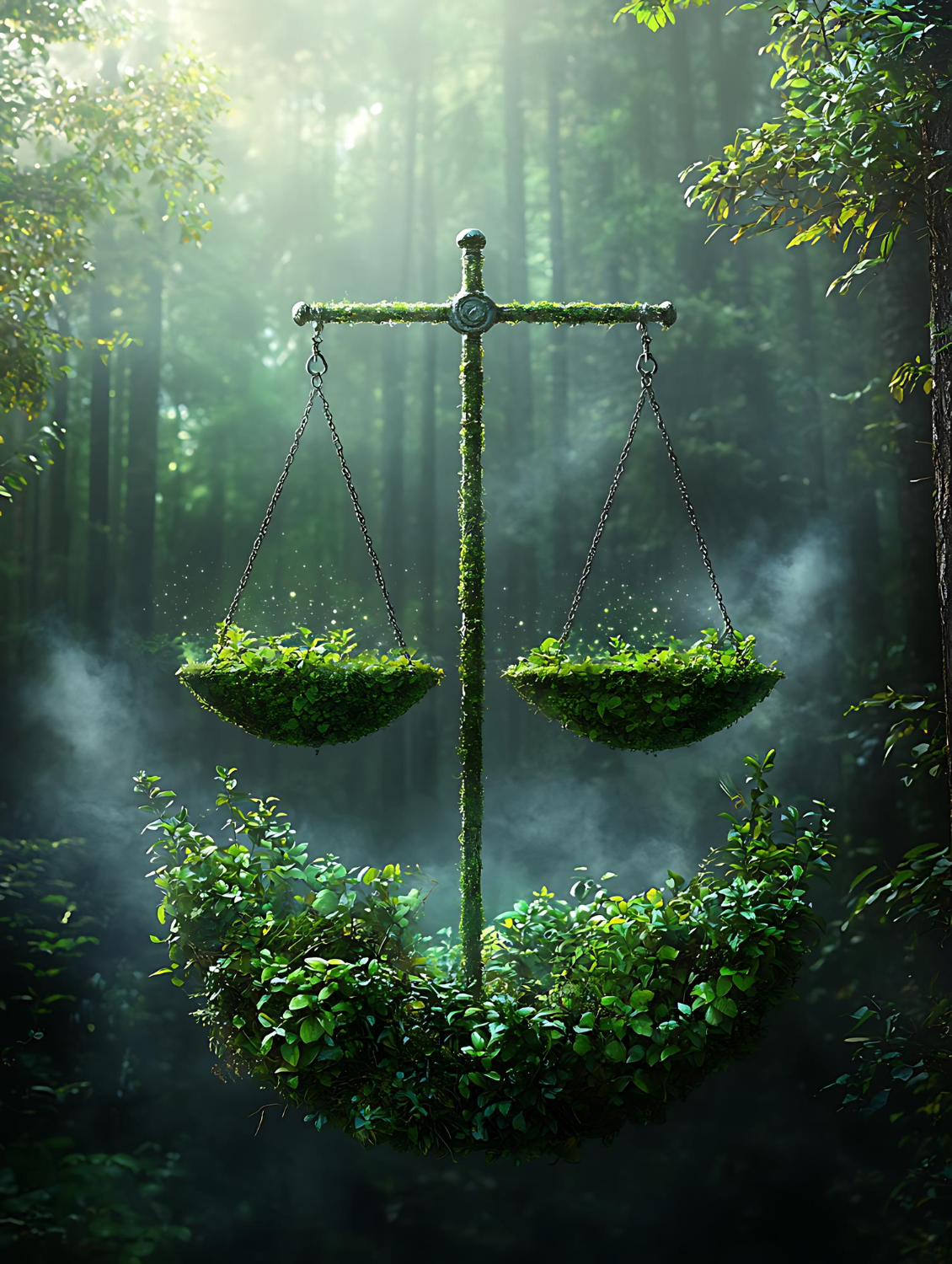 A set of scales covered in green moss and leaves, standing in a dense, misty forest. Both pans hold fresh, green plants. The image symbolizes legal balance, environmental law, and compliance with EPR and BDO regulations in Poland.