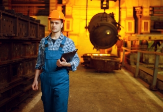 Pracownik odlewni w pomarańczowym kasku, niebieskich ogrodniczkach i koszuli w kratę idzie przez halę produkcyjną, trzymając podkładkę z dokumentami. W tle widoczna wielka kadź z rozżarzonym, płynnym metalem. Fotografia ilustruje audyt i ewidencję BDO w przemyśle ciężkim z EKOKONSULT.