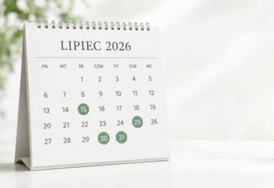 Kalendarz na lipiec 2026 z zaznaczonymi terminami obowiązków środowiskowych: 15, 25, 30 i 31 lipca